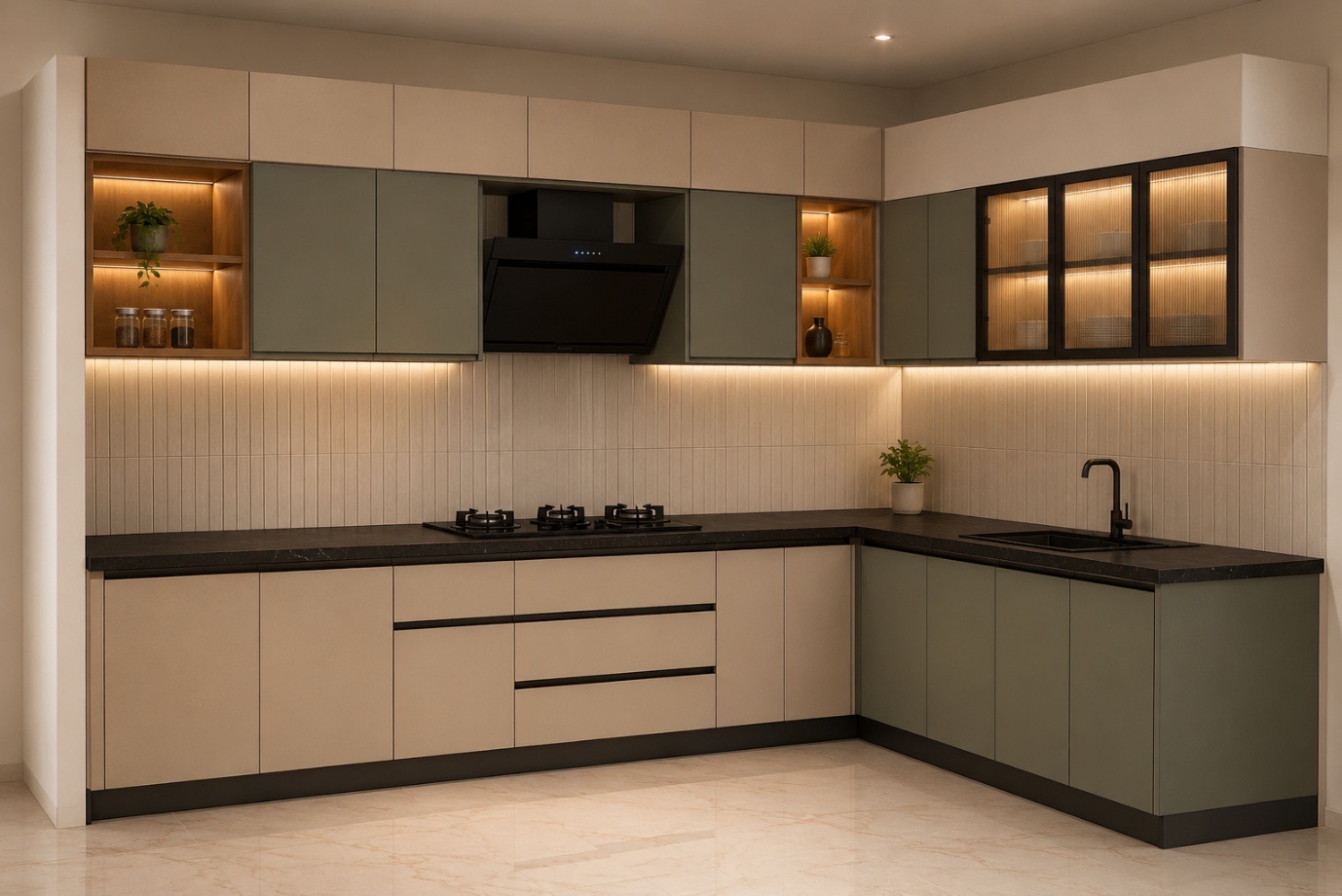 Rendered modular kitchen with warm under-cabinet lighting