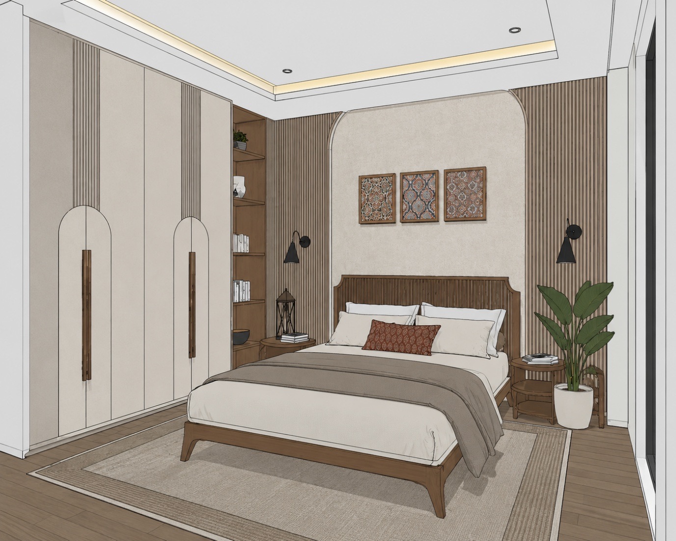 Model of the second bedroom with arched wardrobe fronts, before rendering