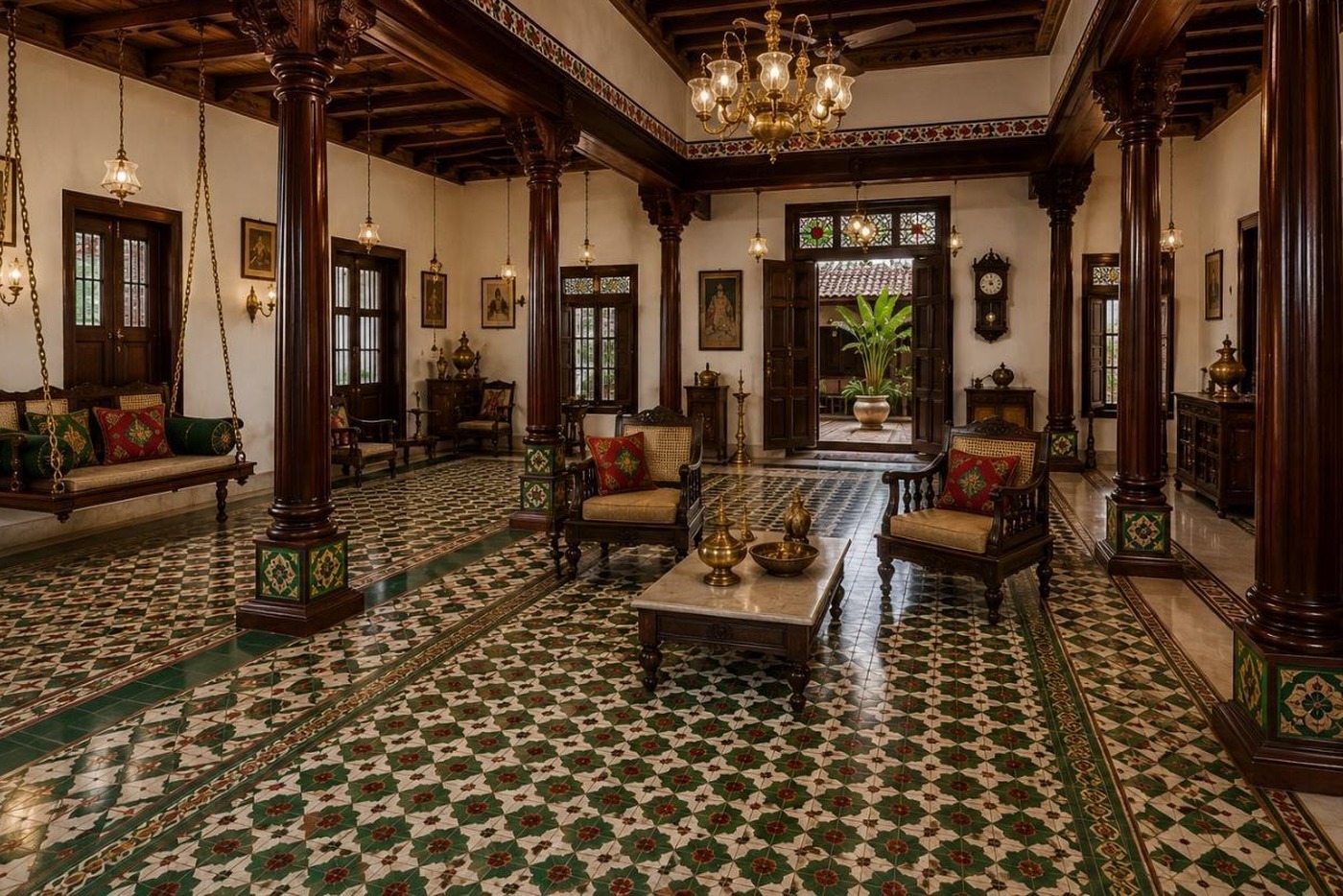 Chettinad hall with teak columns, patterned Athangudi tiles, swing and brass lanterns