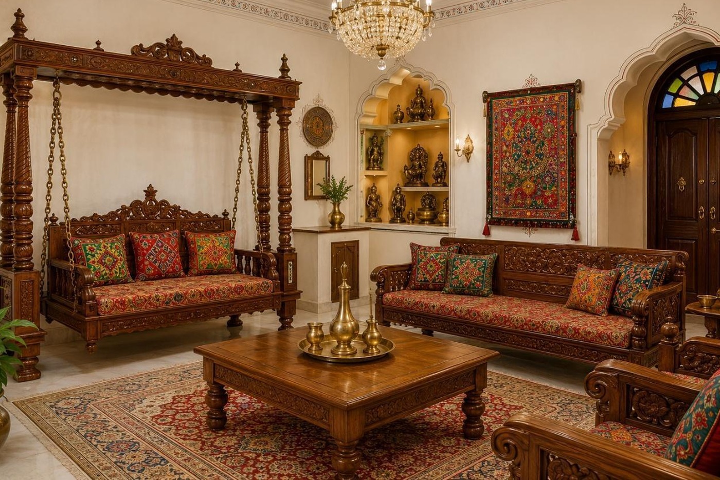 Gujarati living room with a carved wooden swing, embroidered cushions and brass
