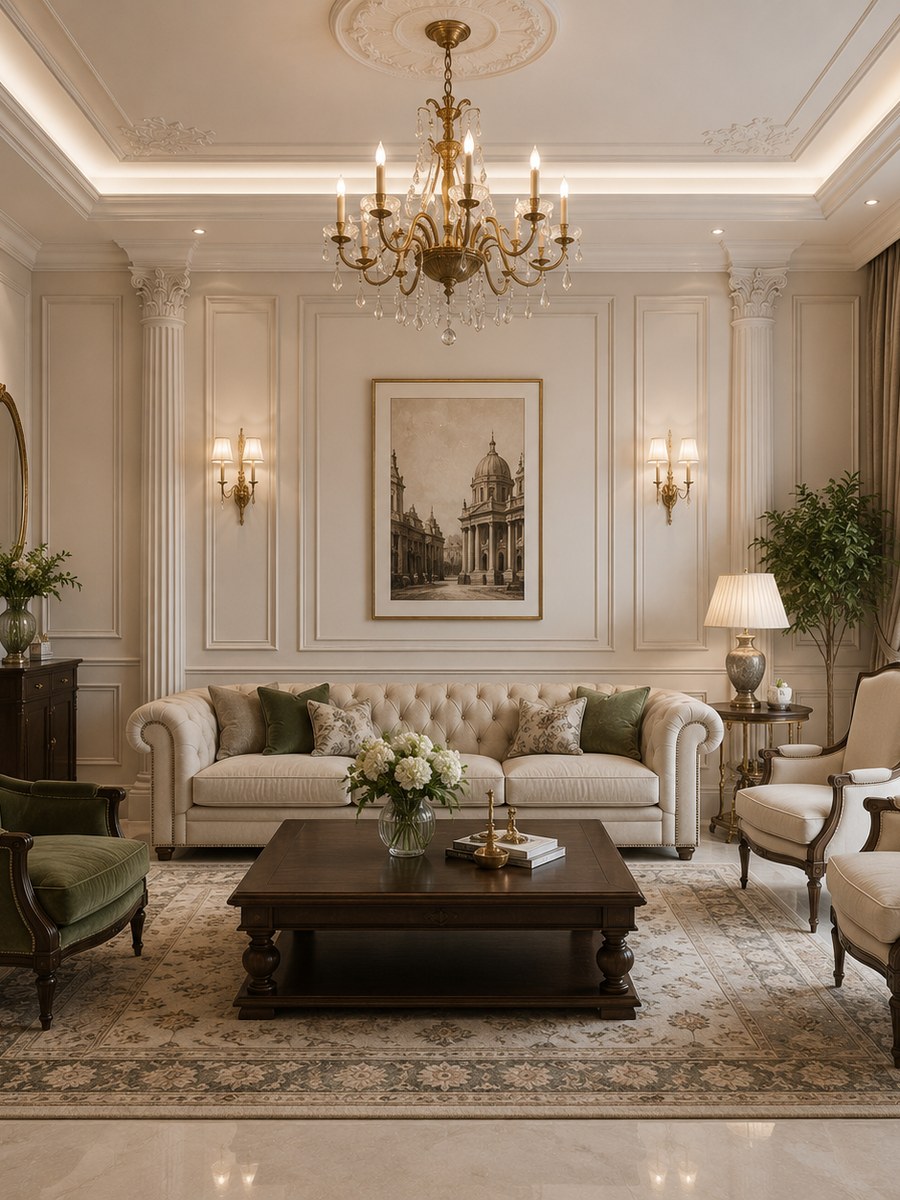 Classical theme — panelled living room with a gilt chandelier, tufted sofa and green velvet armchairs