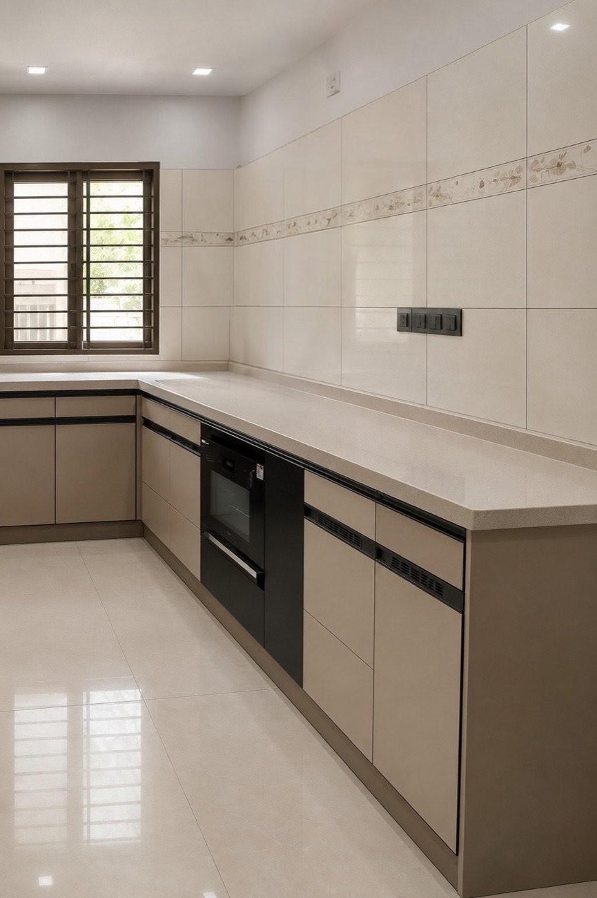 The finished kitchen after completion, counters and appliances installed