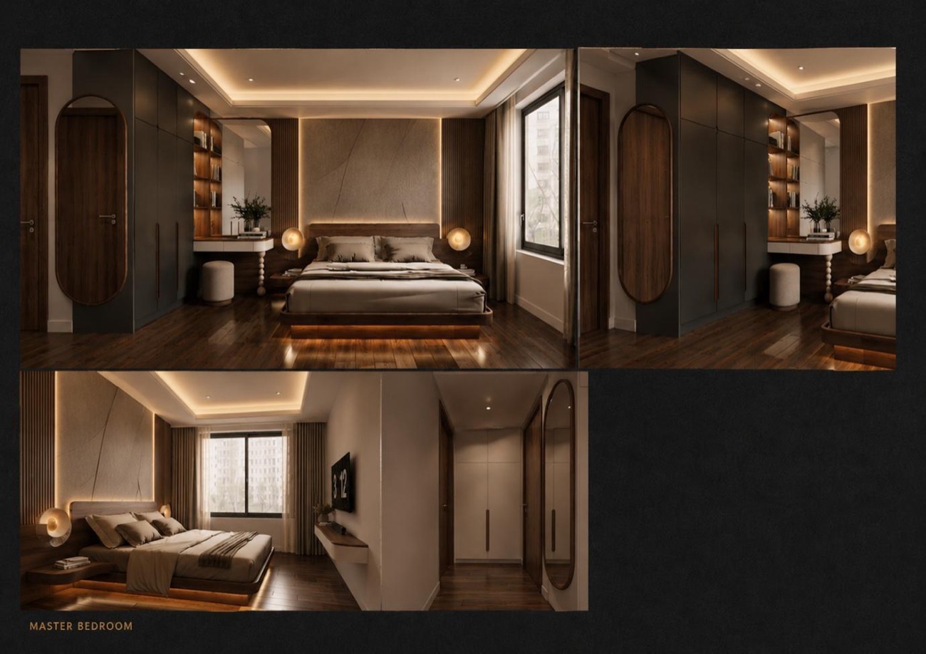 Rendered bedroom shown from four angles in a dark scheme
