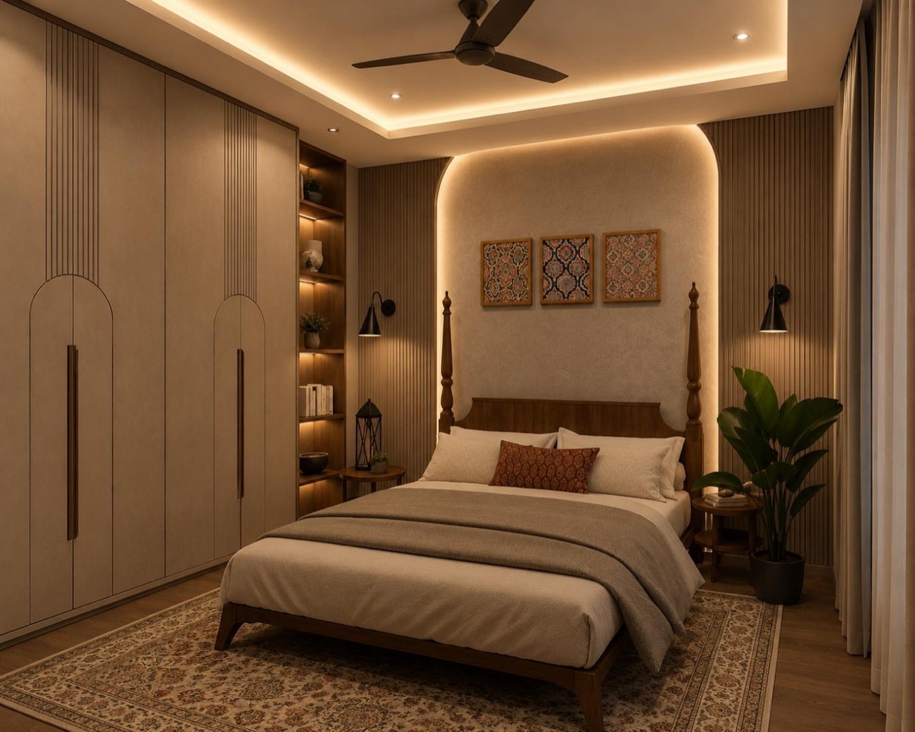 Rendered bedroom with cove lighting, panelled headboard and warm timber