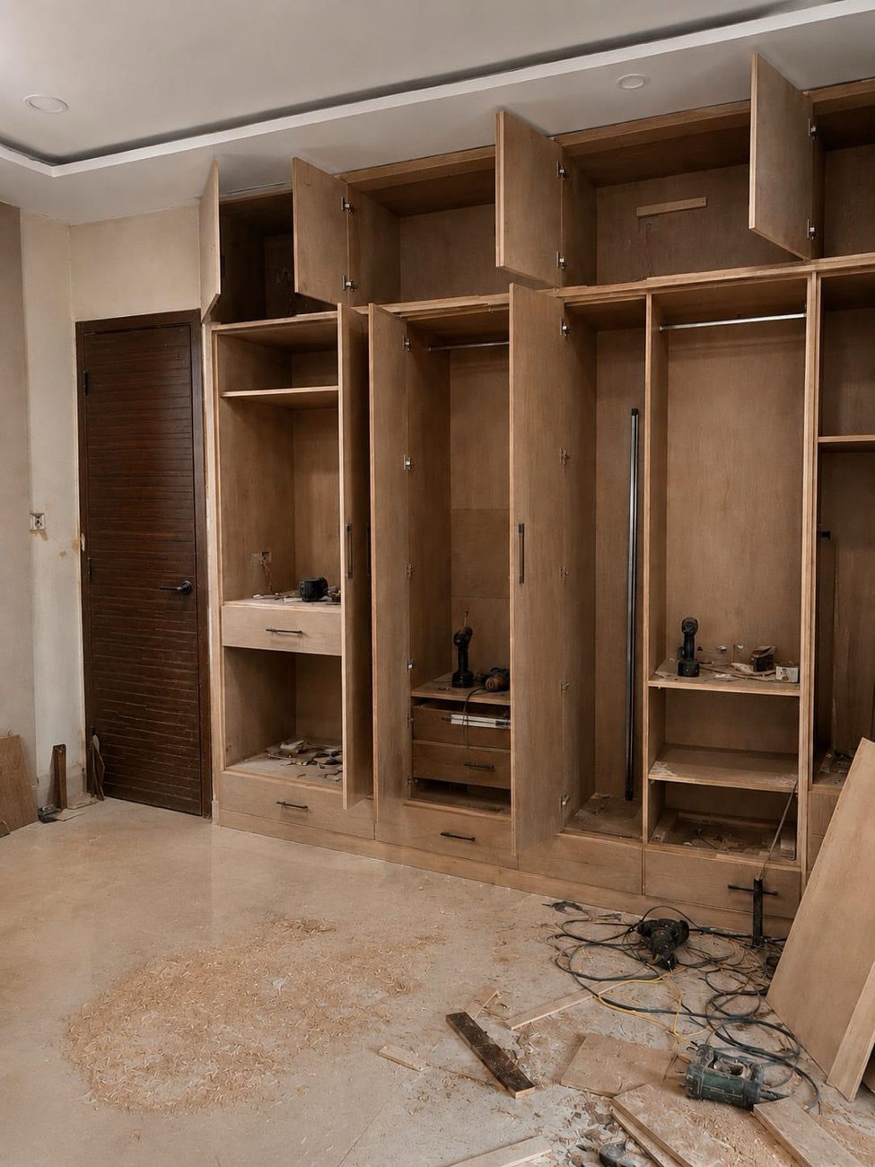 Wardrobe carcass built in raw ply on site