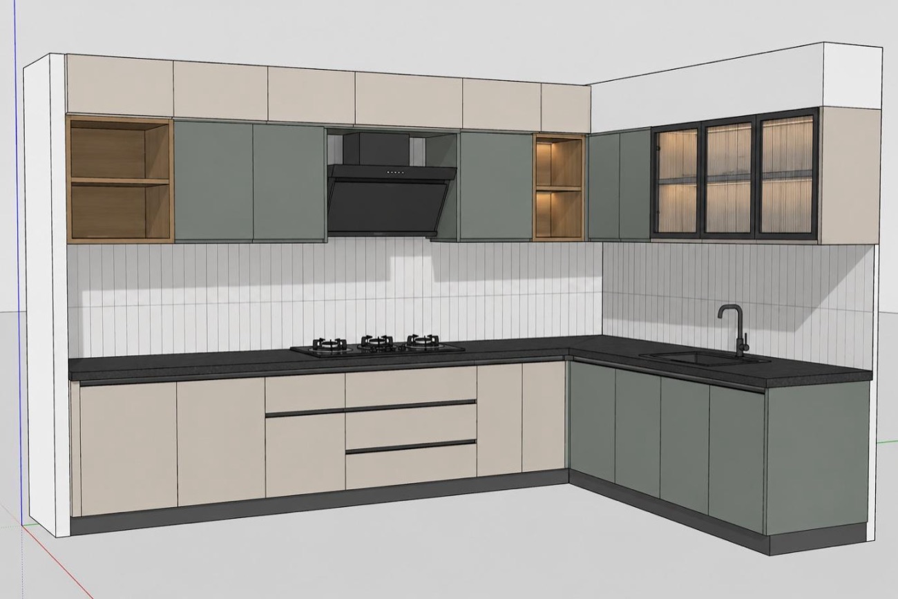 Untextured model of the L-shaped kitchen